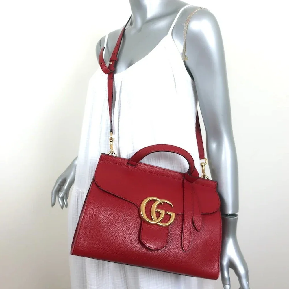 Gucci GG Marmont Small Top Handle Bag Red Grained Leather Crossbody - Picture 2 of 12